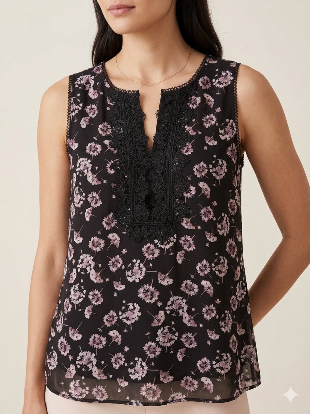 WHBM Sleeveless Floral Lace-Trim Top
